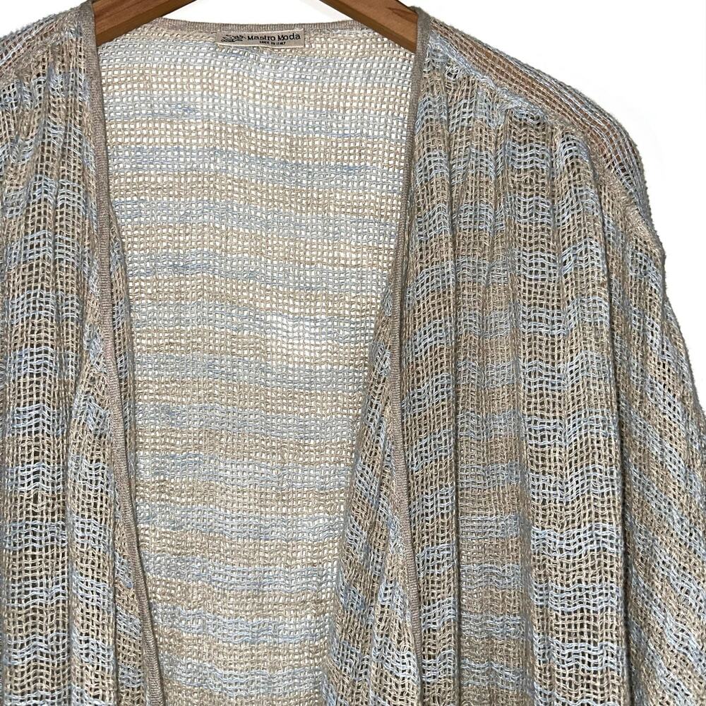 Mastro Moda Tan Blue Linen Woven Open Front Draped Cardigan One Size - Picture 2 of 12